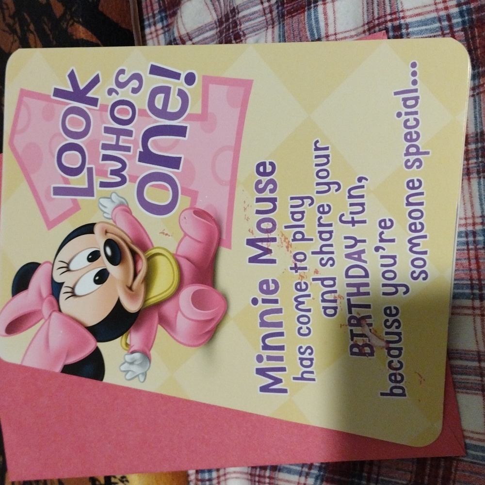 a Hallmark Disney Minnie Mouse look who's 1 card for a girl
